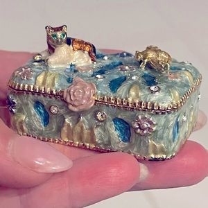 Cat & Bee in a garden Trinket Enamel Box with crystals accents